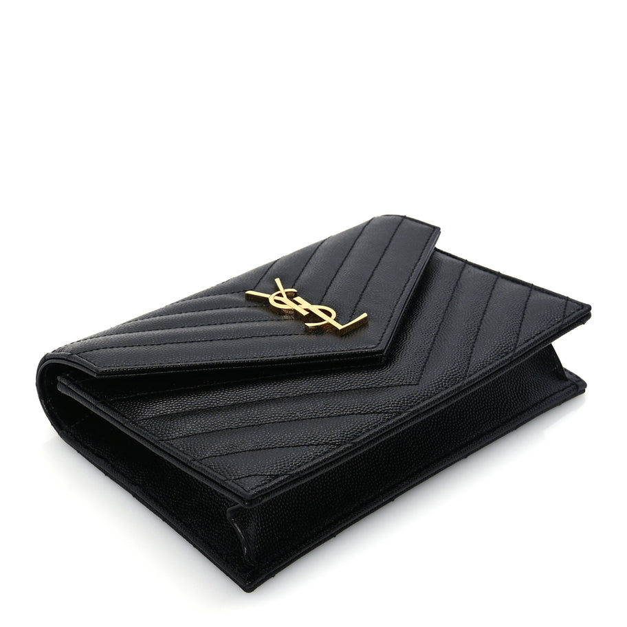 Saint Laurent Grain De Poudre Matelasse Chevron Monogram Envelope Chain Wallet  Black Image 7