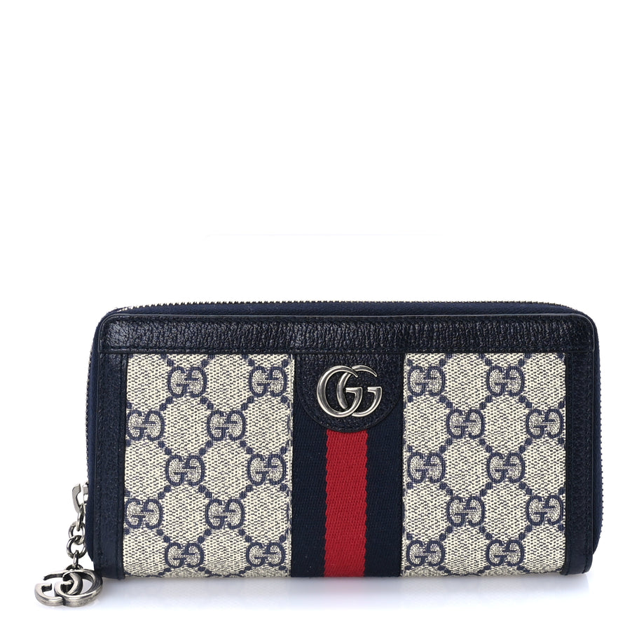 Gucci GG Supreme Monogram Textured Dollar Calfskin Web Ophidia Zip Around Wallet Beige Blue Image 1