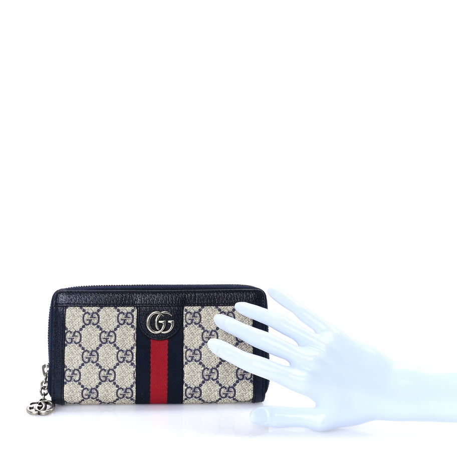 Gucci GG Supreme Monogram Textured Dollar Calfskin Web Ophidia Zip Around Wallet Beige Blue Image 2