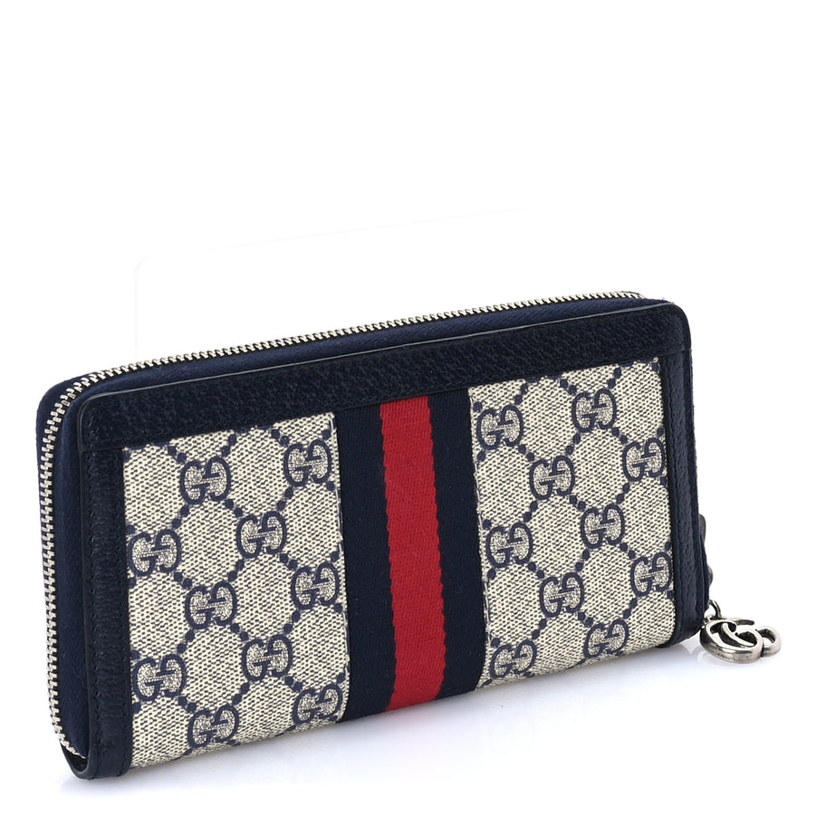 Gucci GG Supreme Monogram Textured Dollar Calfskin Web Ophidia Zip Around Wallet Beige Blue Image 3