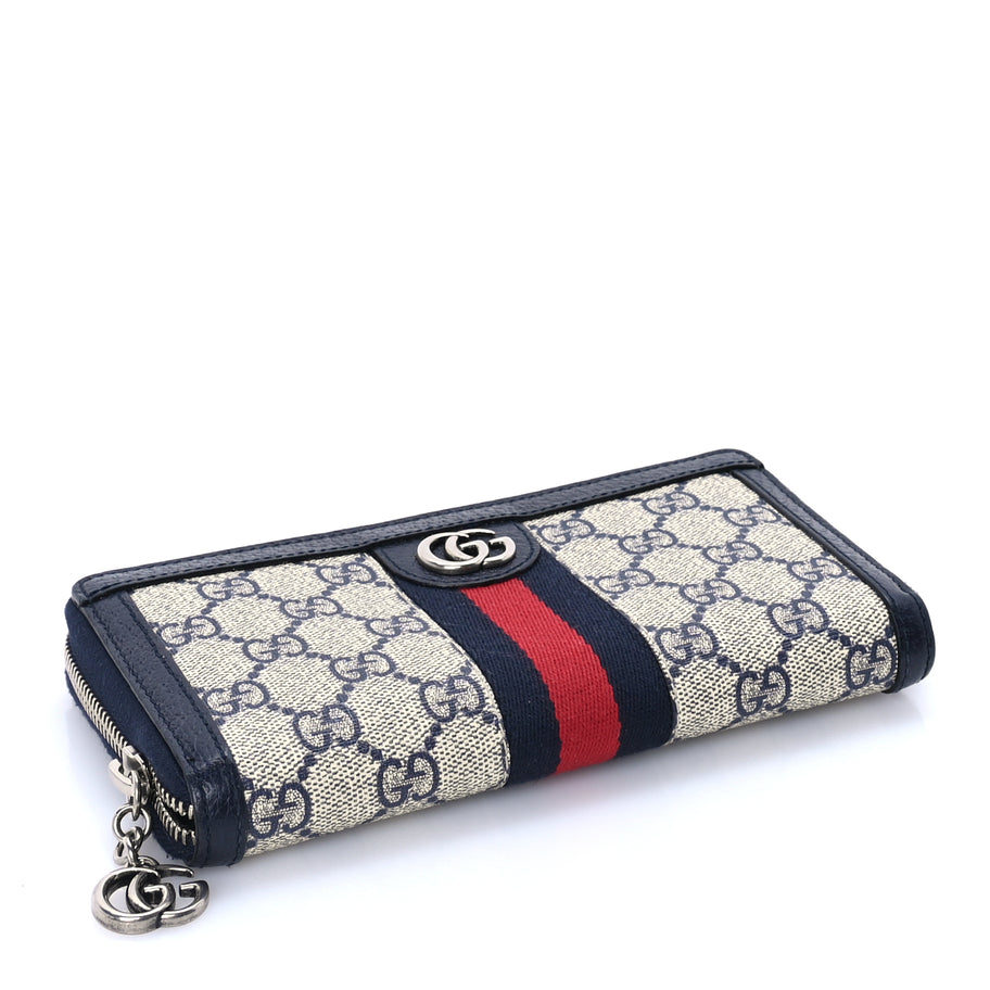 Gucci GG Supreme Monogram Textured Dollar Calfskin Web Ophidia Zip Around Wallet Beige Blue Image 4