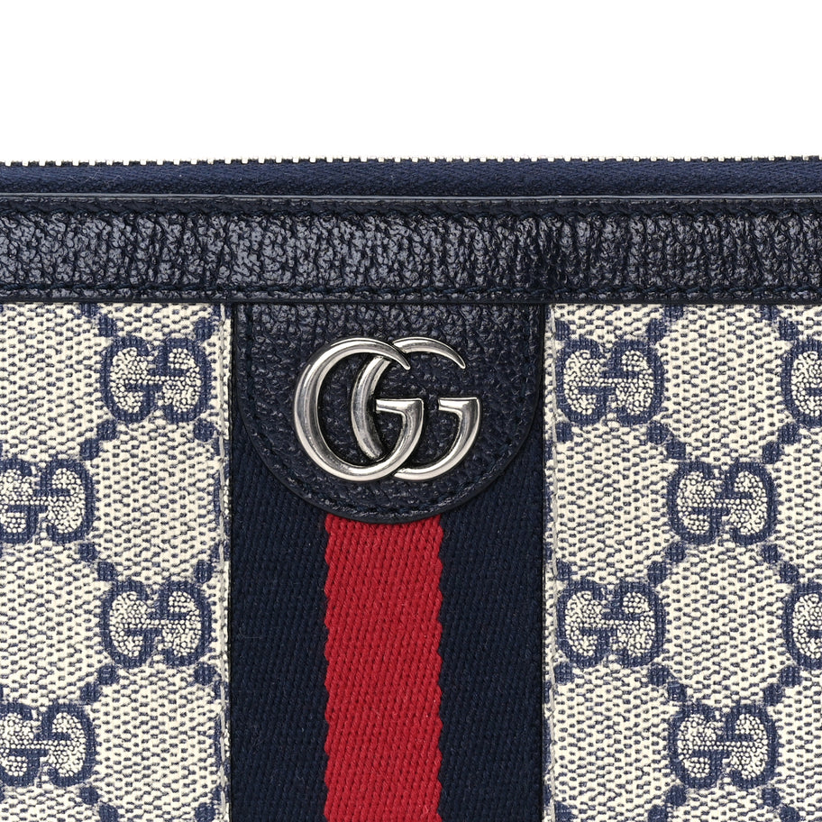 Gucci GG Supreme Monogram Textured Dollar Calfskin Web Ophidia Zip Around Wallet Beige Blue Image 7