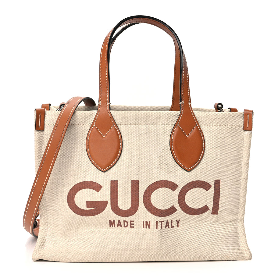 Gucci Canvas Calfskin Logo Print Medium Tote Bag Brown Image 1