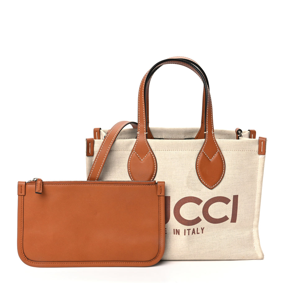 Gucci Canvas Calfskin Logo Print Medium Tote Bag Brown Image 2