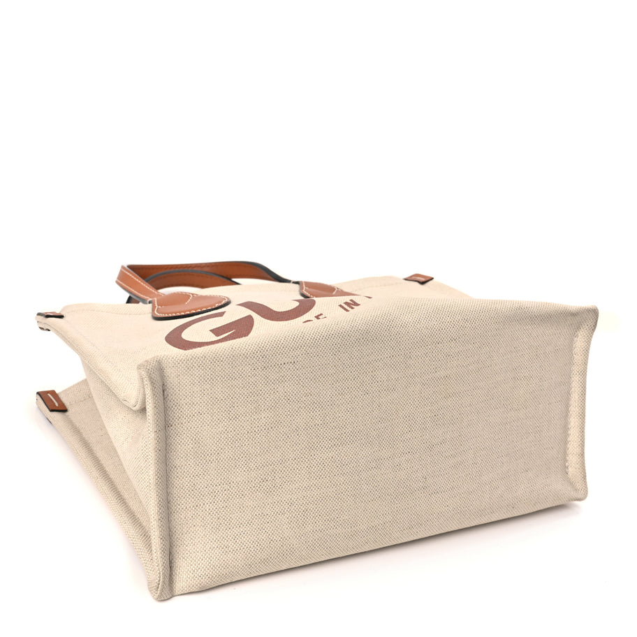 Gucci Canvas Calfskin Logo Print Medium Tote Bag Brown Image 4