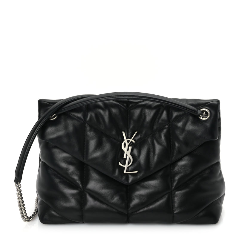  Saint Laurent Lambskin Quilted Medium Loulou Puffer Monogram Chain Satchel Black