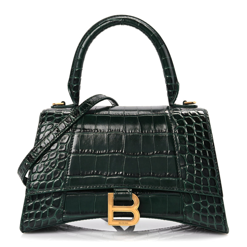  Balenciaga Shiny Calfskin Crocodile Embossed Small Hourglass Top Handle Bag Forest Green
