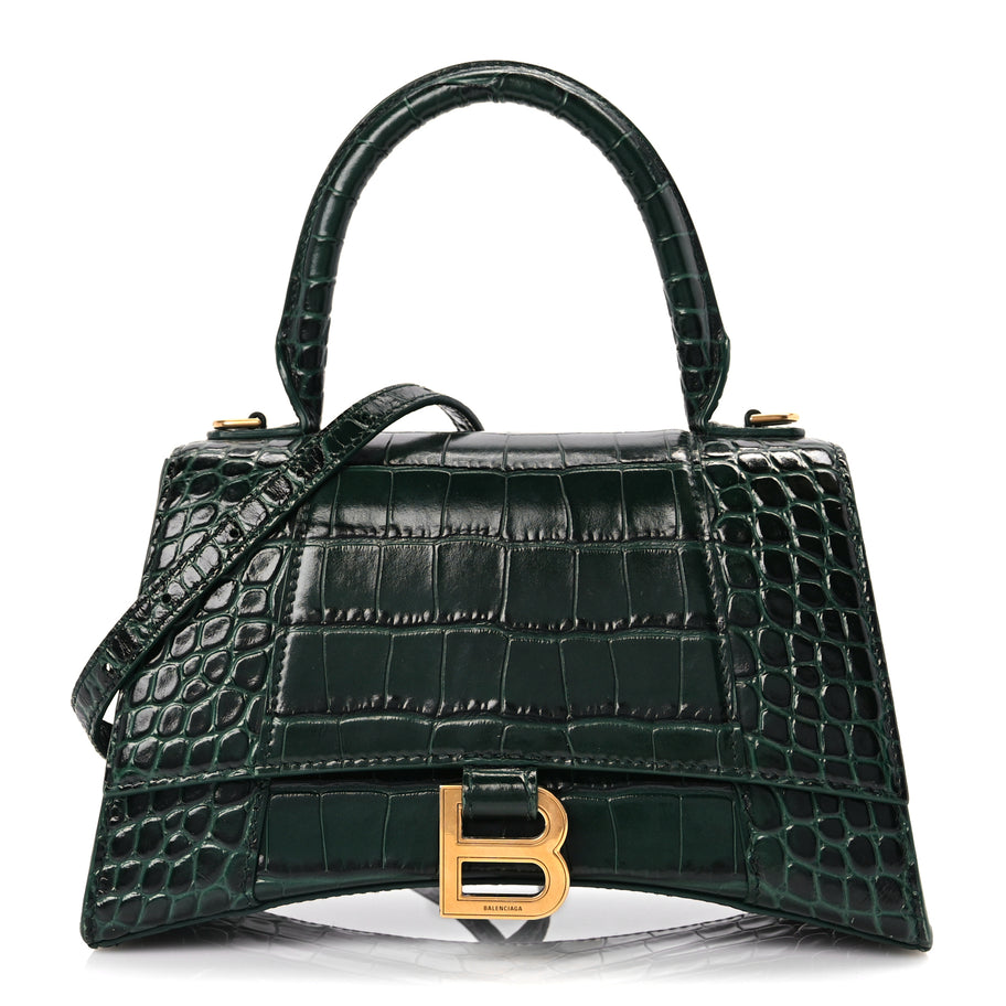 Balenciaga Shiny Calfskin Crocodile Embossed Small Hourglass Top Handle Bag Forest Green Image 1
