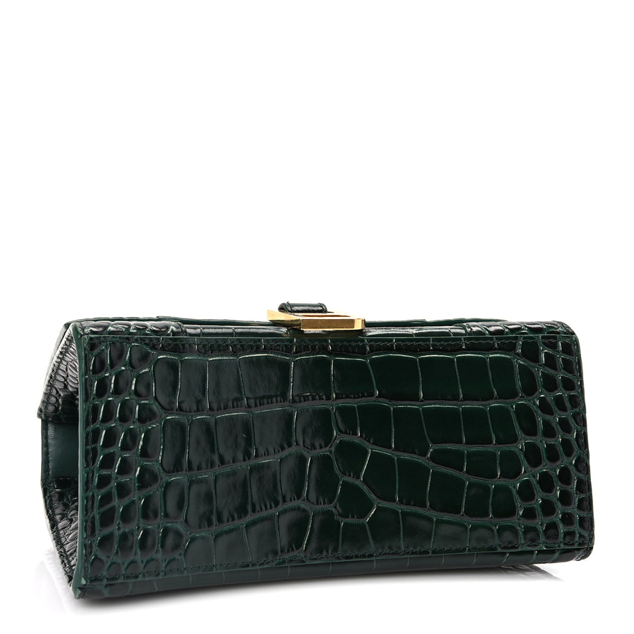 Balenciaga Shiny Calfskin Crocodile Embossed Small Hourglass Top Handle Bag Forest Green Image 3