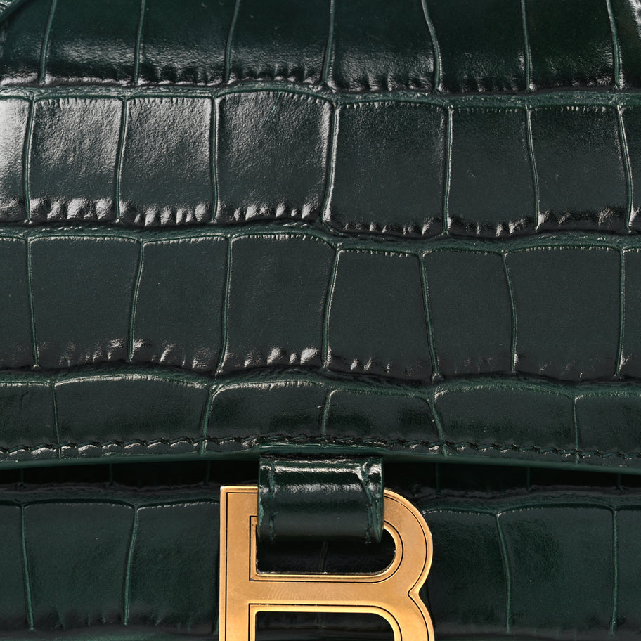 Balenciaga Shiny Calfskin Crocodile Embossed Small Hourglass Top Handle Bag Forest Green Image 6