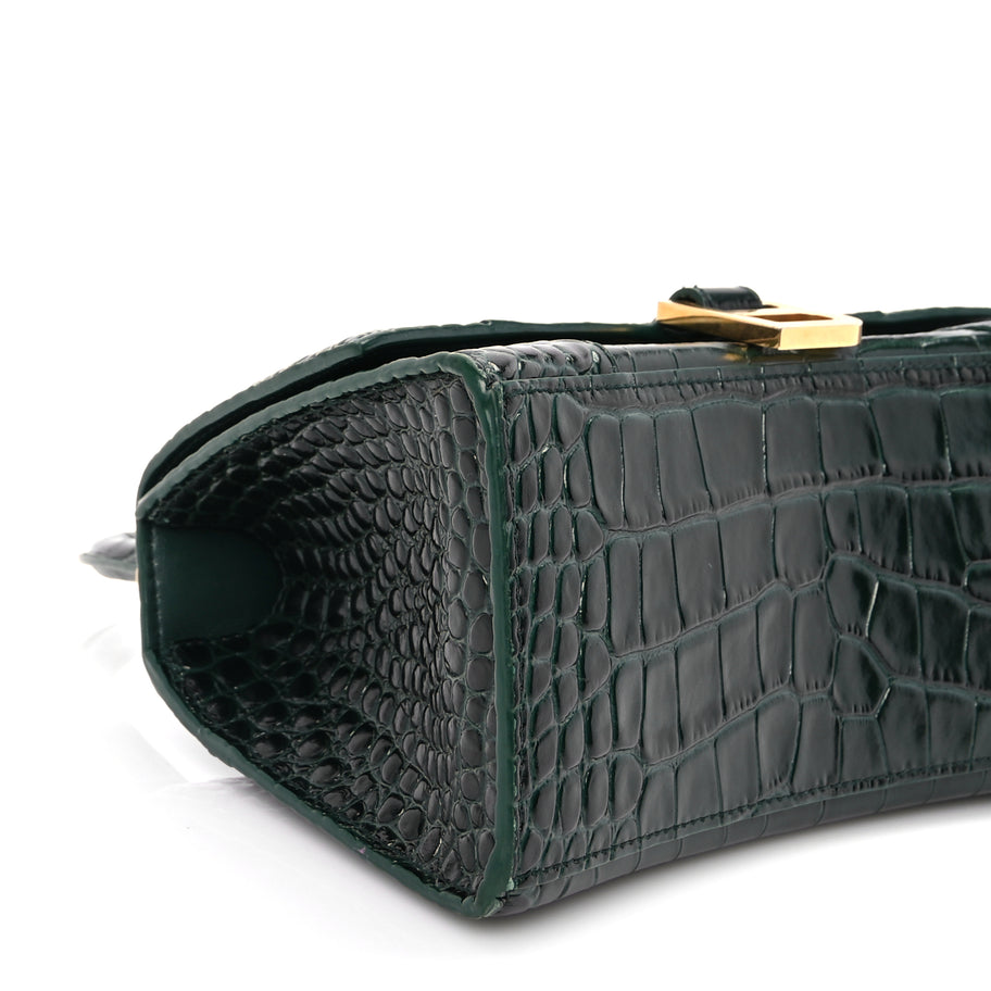 Balenciaga Shiny Calfskin Crocodile Embossed Small Hourglass Top Handle Bag Forest Green Image 7