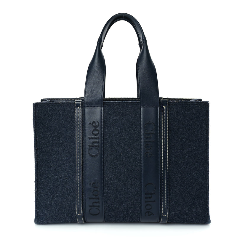  Chloe Felt Shiny Calfskin Large Woody Ribbon Tote Obscure Navy