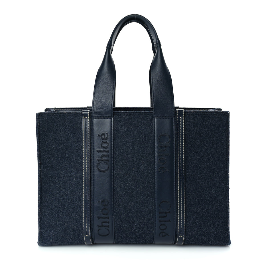 Chloe Felt Shiny Calfskin Large Woody Ribbon Tote Obscure Navy Image 1