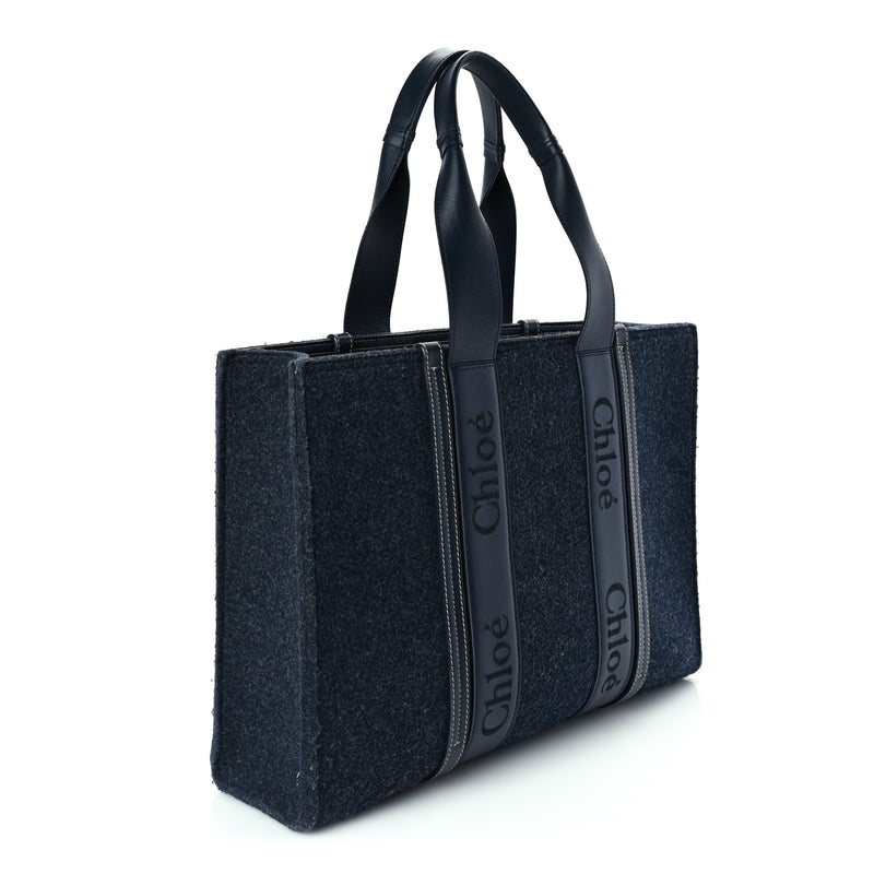  Chloe Felt Shiny Calfskin Large Woody Ribbon Tote Obscure Navy