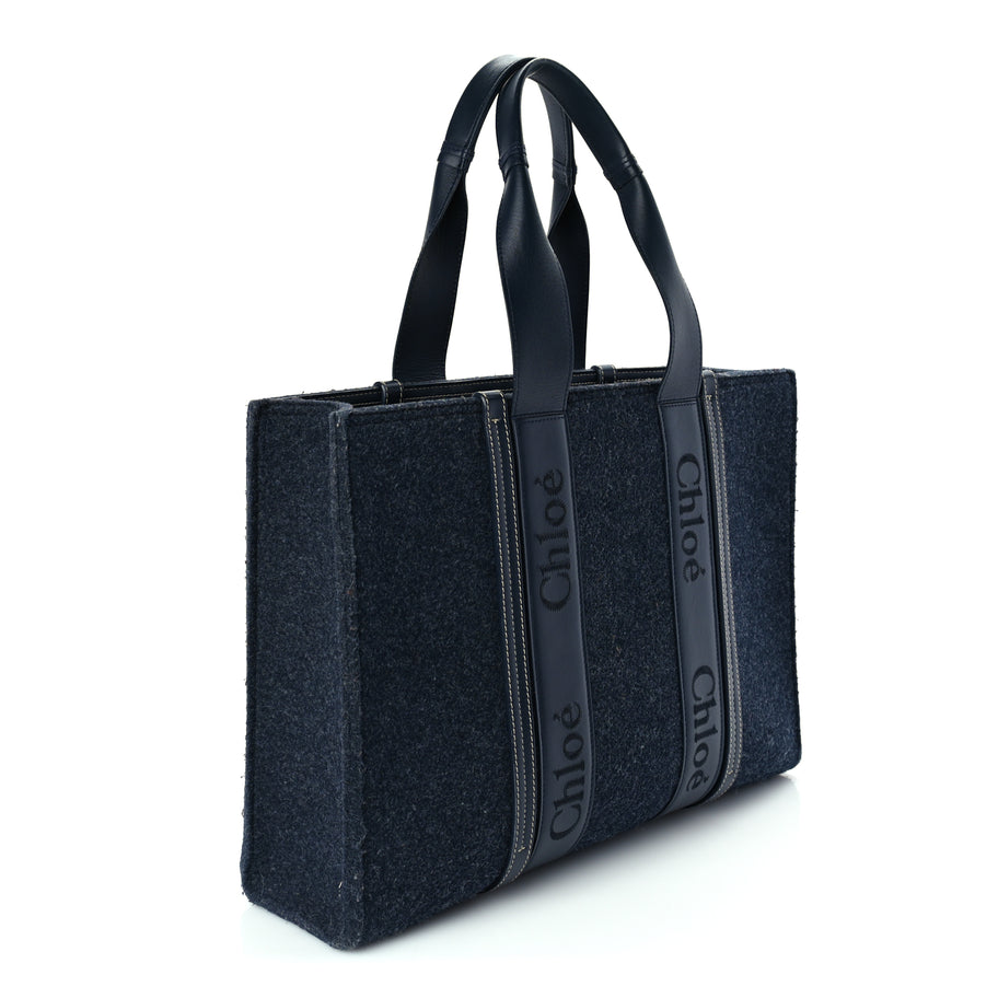 Chloe Felt Shiny Calfskin Large Woody Ribbon Tote Obscure Navy Image 2