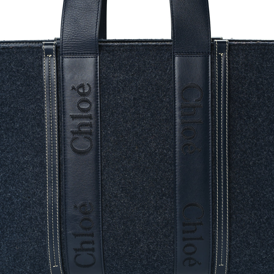 Chloe Felt Shiny Calfskin Large Woody Ribbon Tote Obscure Navy Image 6