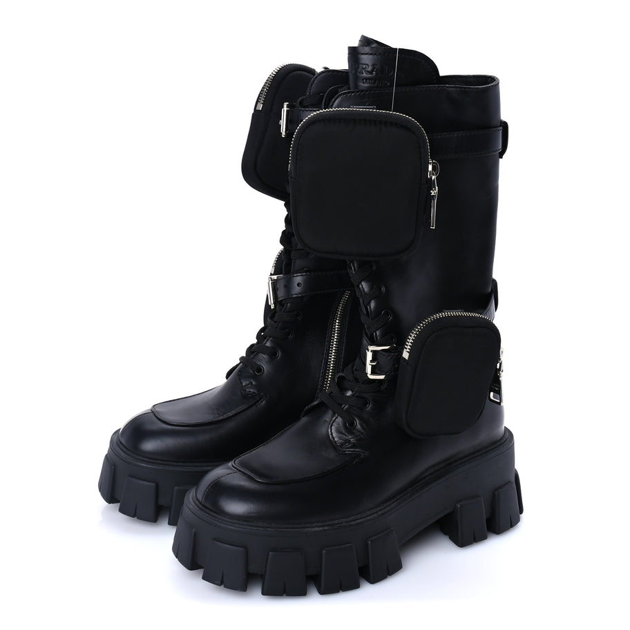 Prada Vitello Lux Nylon Metal Triangle Logo Monolith Pouch Pocket 55mm Tall Combat Boots 37 Black Image 2