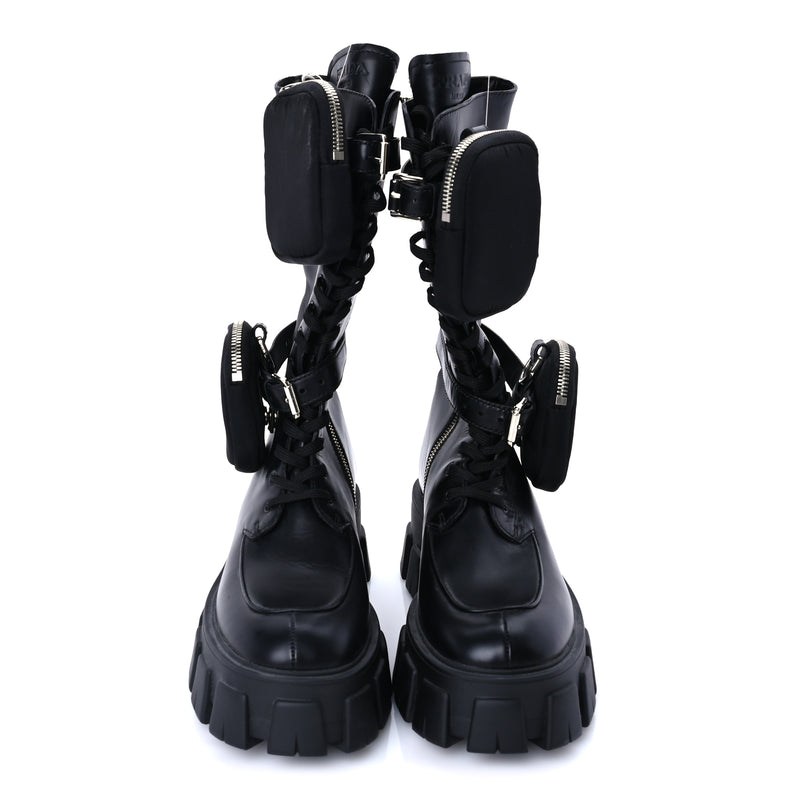  Prada Vitello Lux Nylon Metal Triangle Logo Monolith Pouch Pocket 55mm Tall Combat Boots 37 Black