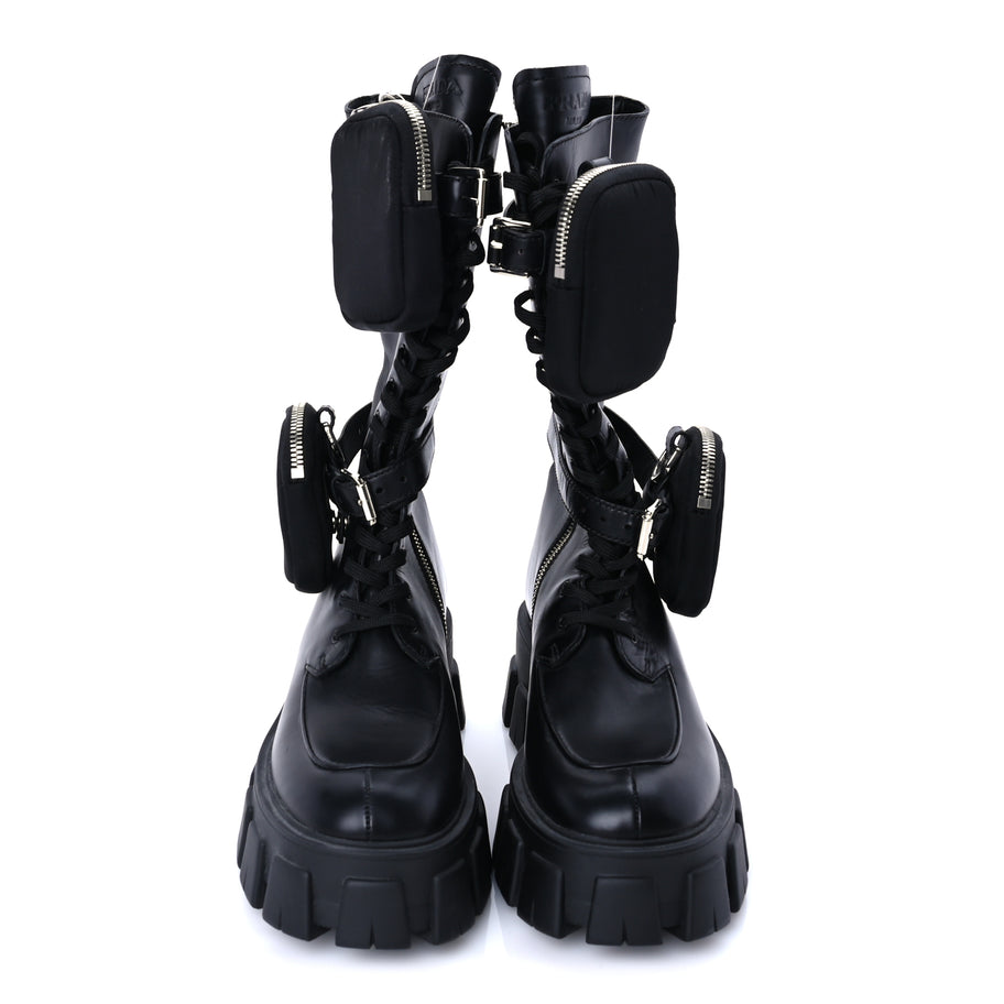 Prada Vitello Lux Nylon Metal Triangle Logo Monolith Pouch Pocket 55mm Tall Combat Boots 37 Black Image 3