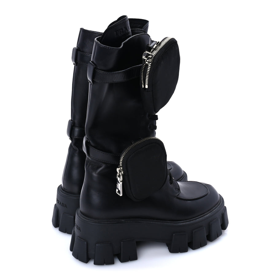 Prada Vitello Lux Nylon Metal Triangle Logo Monolith Pouch Pocket 55mm Tall Combat Boots 37 Black Image 4