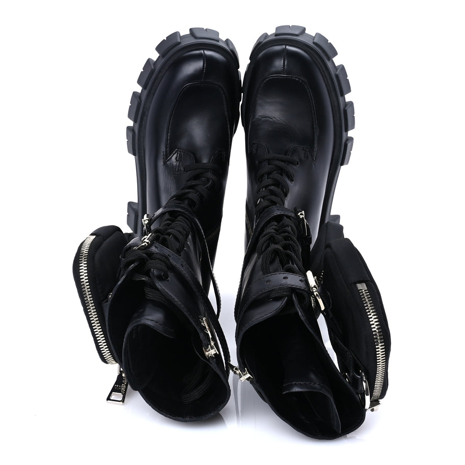 Prada Vitello Lux Nylon Metal Triangle Logo Monolith Pouch Pocket 55mm Tall Combat Boots 37 Black Image 5