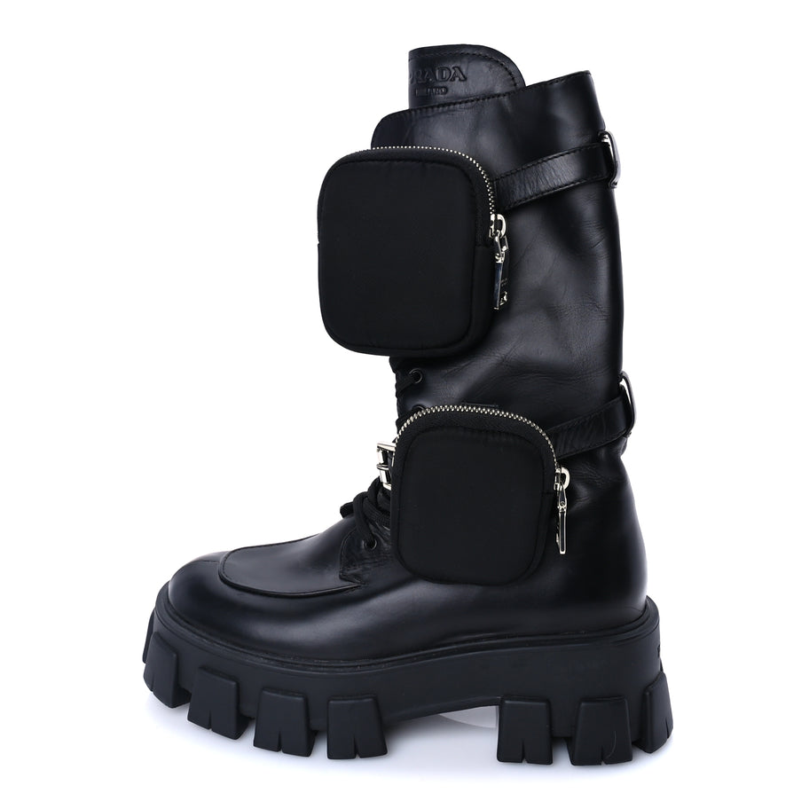 Prada Vitello Lux Nylon Metal Triangle Logo Monolith Pouch Pocket 55mm Tall Combat Boots 37 Black Image 1
