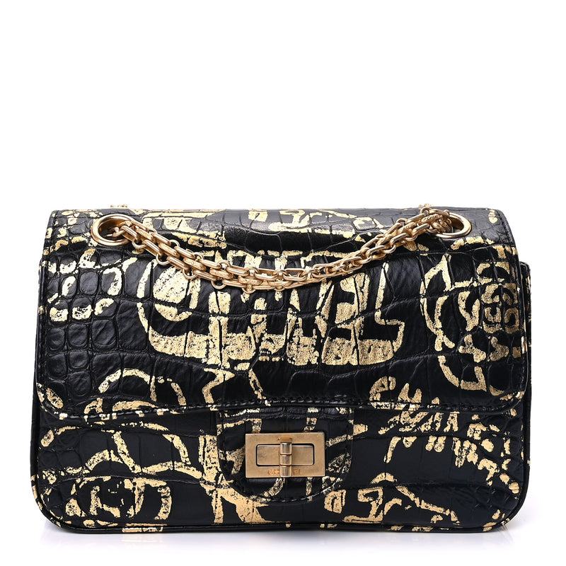  Chanel Calfskin Crocodile Embossed Graffiti 2.55 Mini Cocodile Reissue Flap  Black Gold