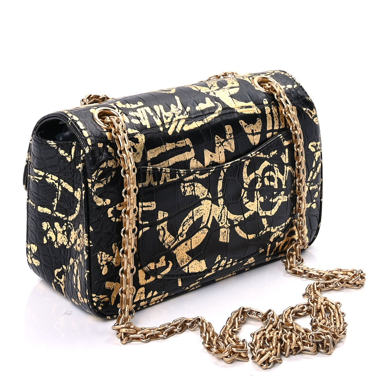  Chanel Calfskin Crocodile Embossed Graffiti 2.55 Mini Cocodile Reissue Flap  Black Gold