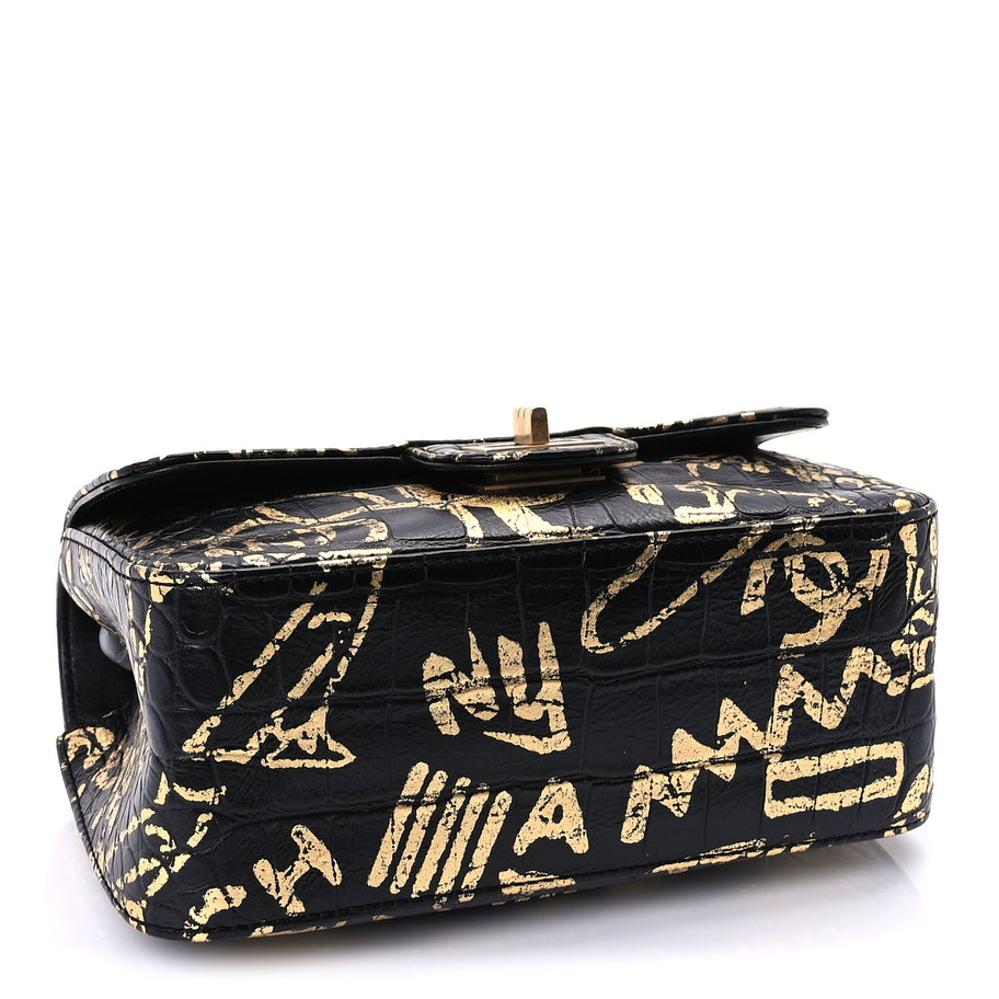 Chanel Calfskin Crocodile Embossed Graffiti 2.55 Mini Cocodile Reissue Flap  Black Gold Image 3