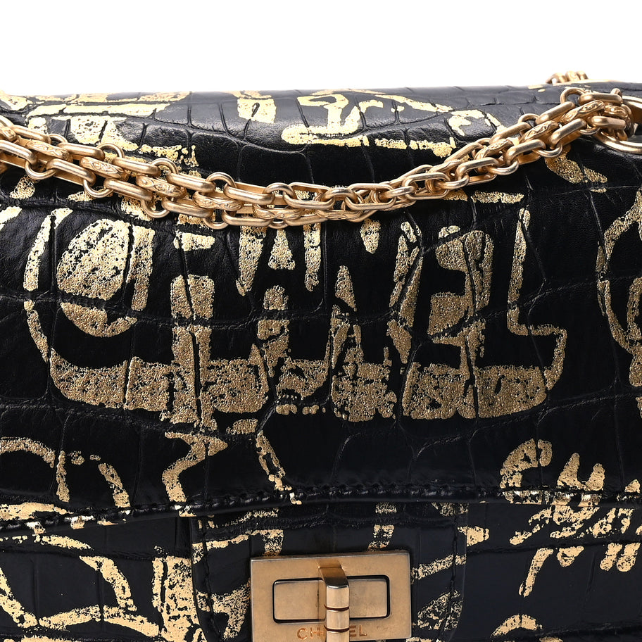 Chanel Calfskin Crocodile Embossed Graffiti 2.55 Mini Cocodile Reissue Flap  Black Gold Image 6