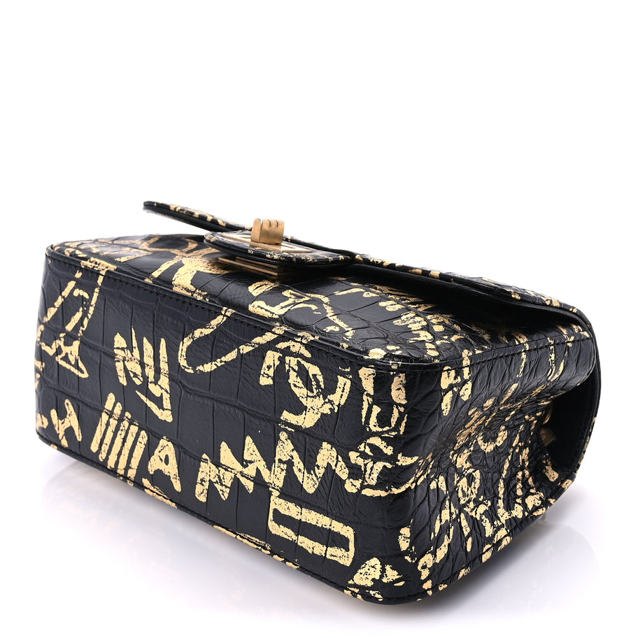 Chanel Calfskin Crocodile Embossed Graffiti 2.55 Mini Cocodile Reissue Flap  Black Gold Image 7