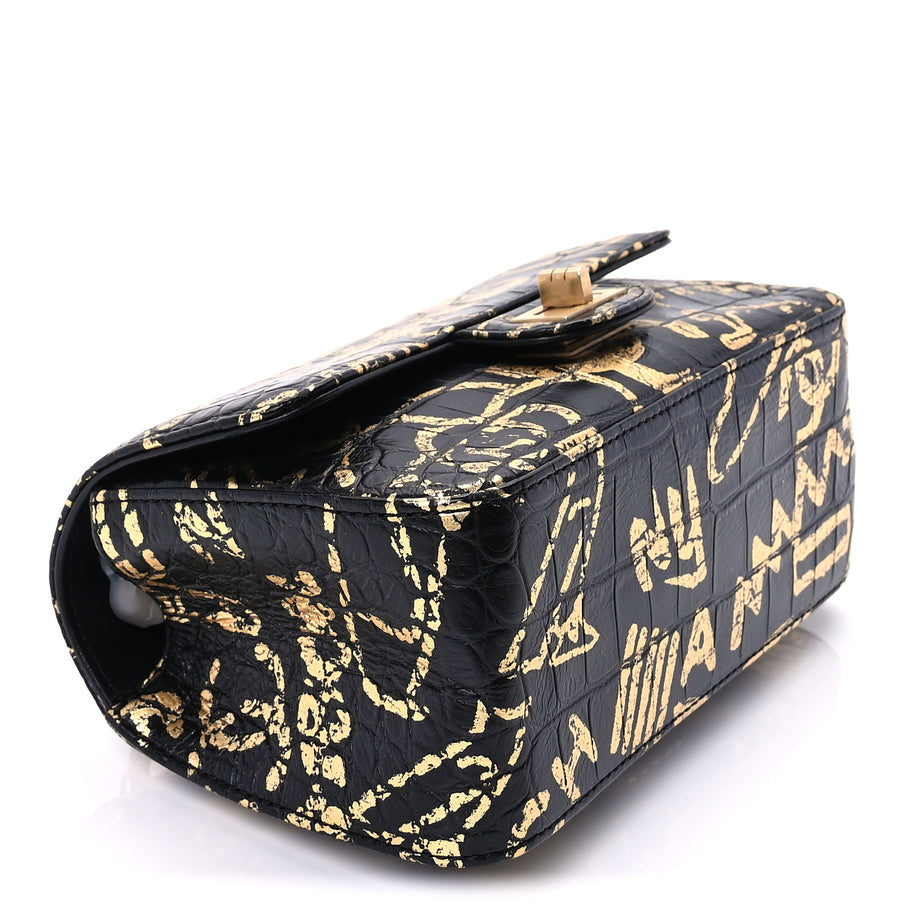 Chanel Calfskin Crocodile Embossed Graffiti 2.55 Mini Cocodile Reissue Flap  Black Gold Image 8