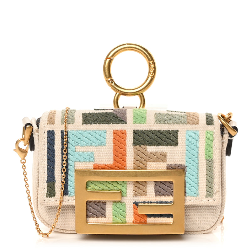  Fendi Canvas Nappa FF Multicolor Embroidered Nano Maxi Buckle Baguette Charm Grezzo Multicolor Latte