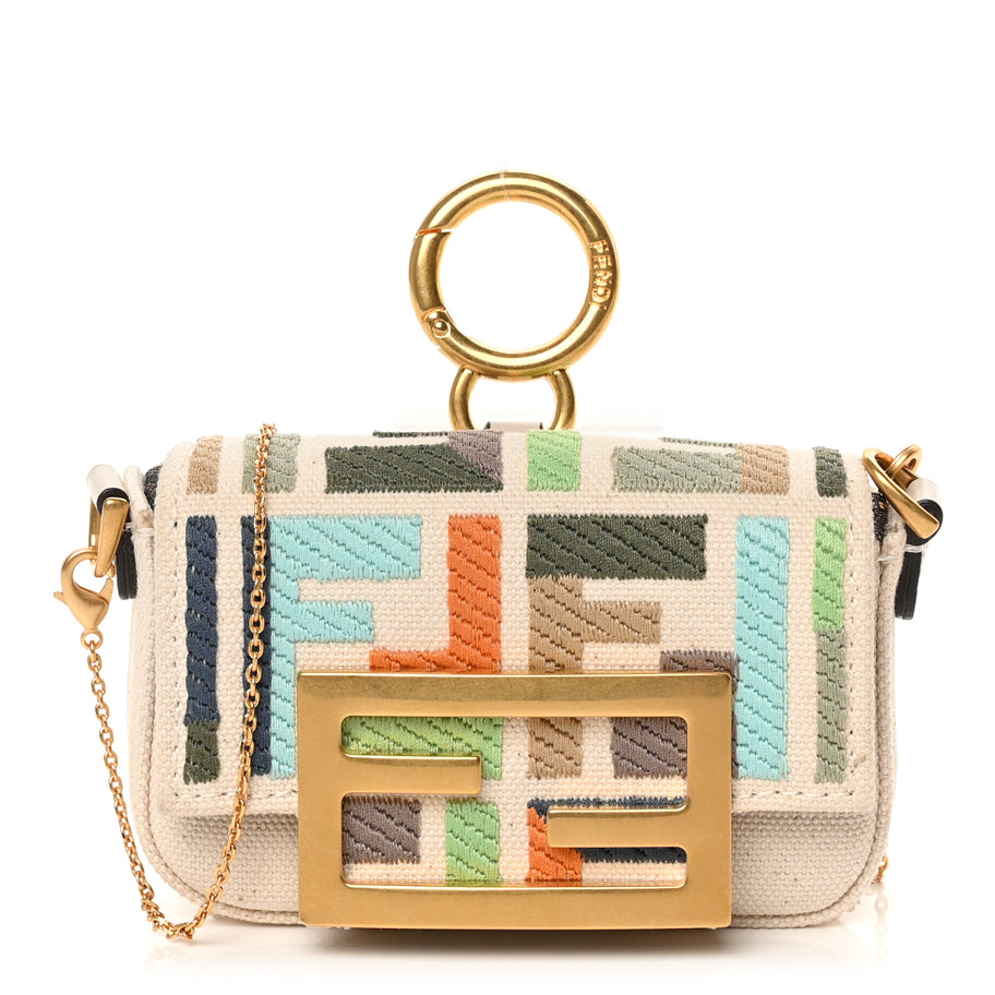Fendi Canvas Nappa FF Multicolor Embroidered Nano Maxi Buckle Baguette Charm Grezzo Multicolor Latte Image 1