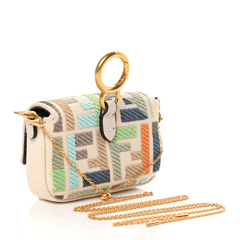  Fendi Canvas Nappa FF Multicolor Embroidered Nano Maxi Buckle Baguette Charm Grezzo Multicolor Latte