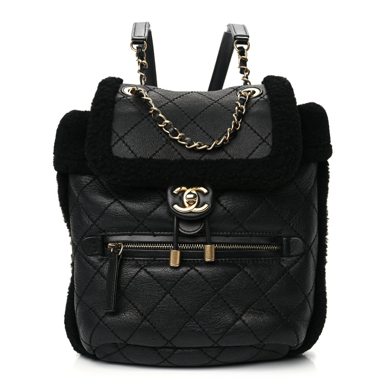  Chanel Lambskin Shearling Quilted CC Backpack Black