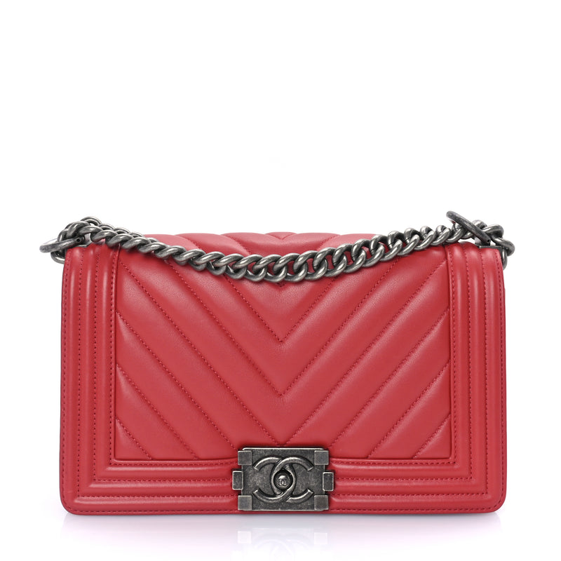  Chanel Lambskin Chevron Quilted Medium Boy Flap Red