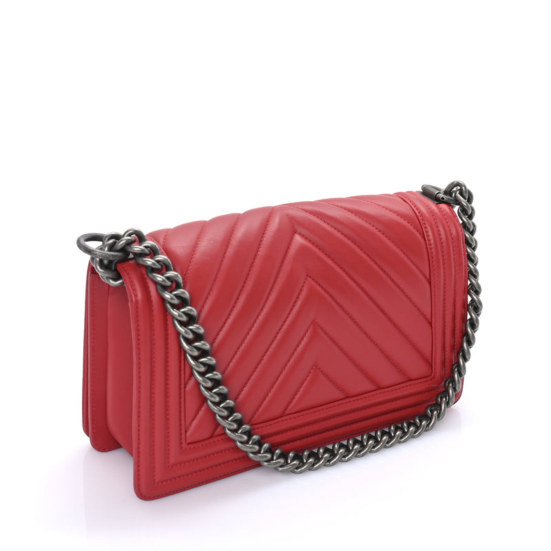  Chanel Lambskin Chevron Quilted Medium Boy Flap Red