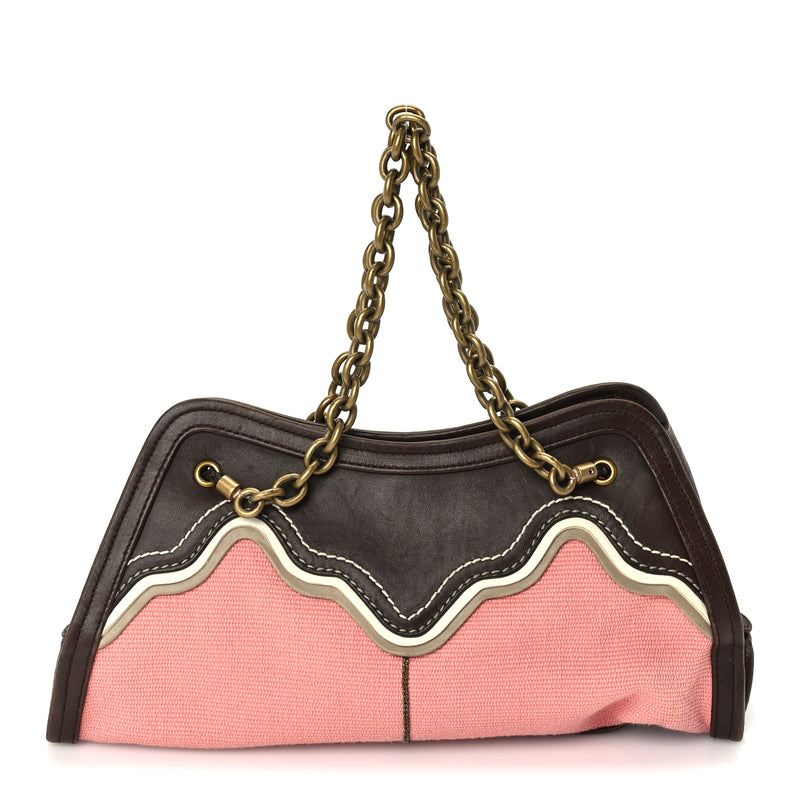  Bottega Veneta Canvas Calfskin Trimmed Shoulder Bag  Pink Brown