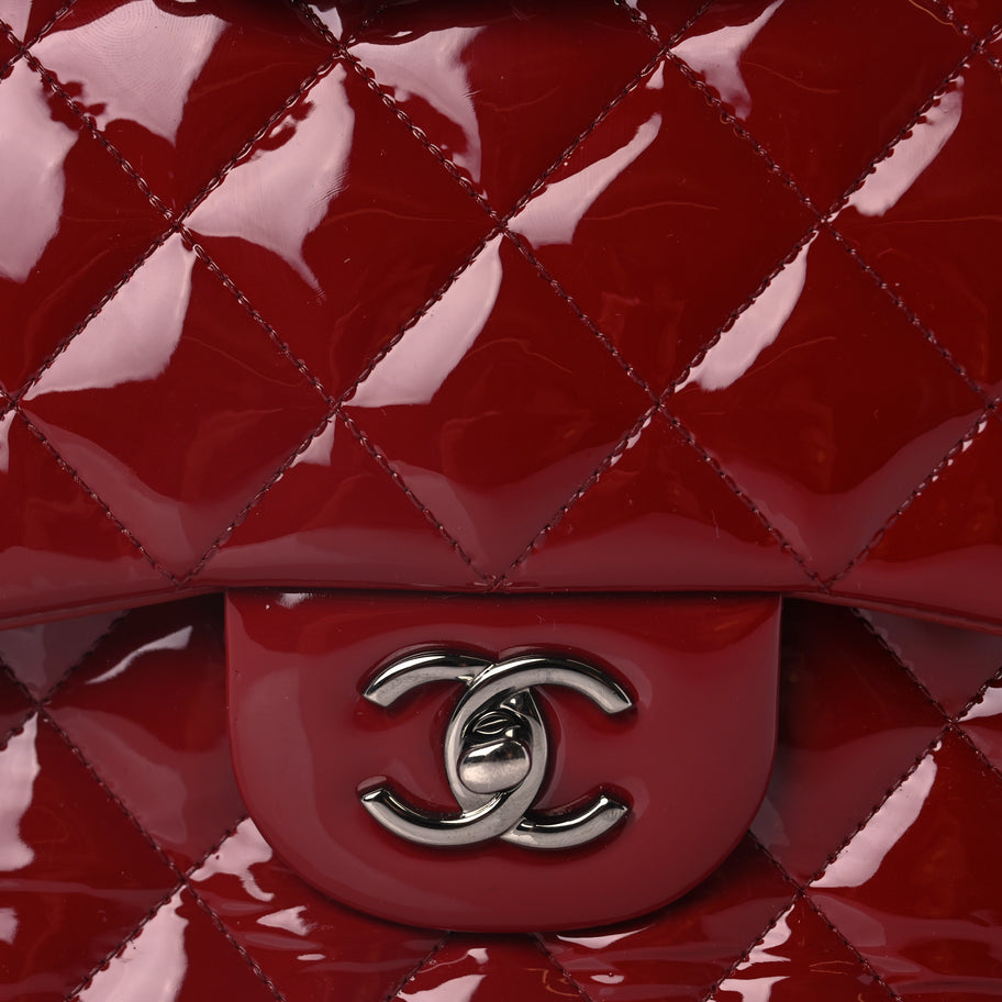 Chanel Patent Quilted Jumbo Double Flap Dark Red Image 7