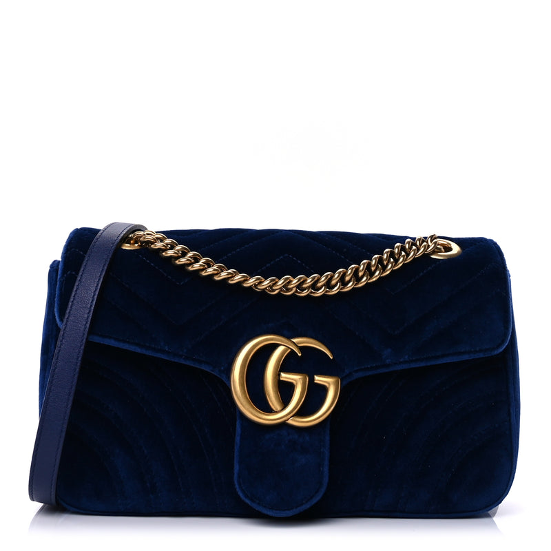  Gucci Velvet Matelasse Medium GG Marmont Shoulder Bag Cobalt Blue