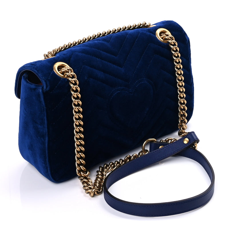  Gucci Velvet Matelasse Medium GG Marmont Shoulder Bag Cobalt Blue