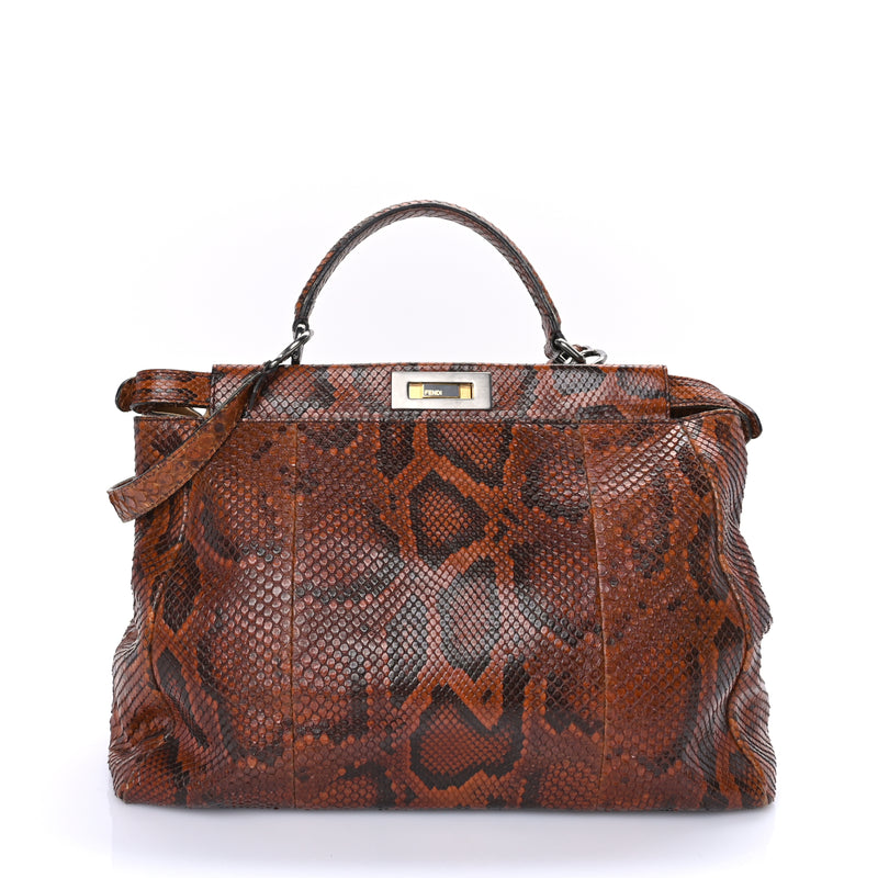  Fendi Snakeskin Large Peekaboo Iconic Satchel Brown