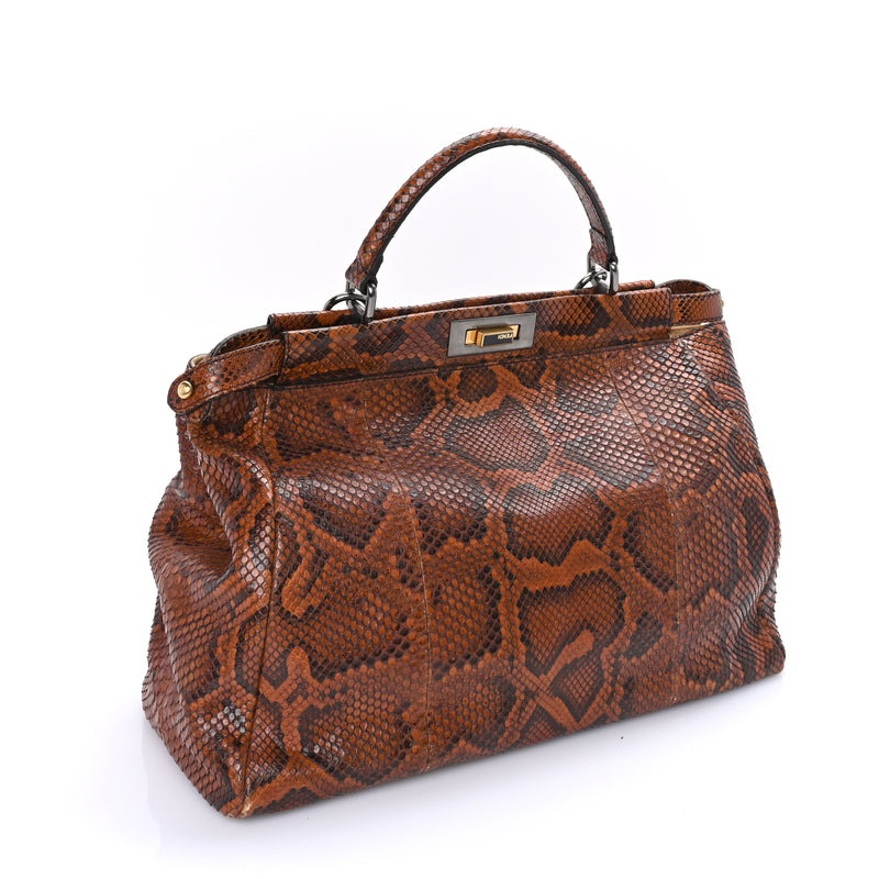  Fendi Snakeskin Large Peekaboo Iconic Satchel Brown