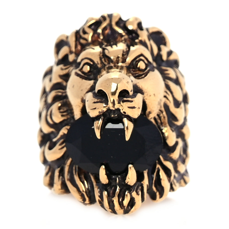 Gucci Metal Crystal Lion Head Ring 19 Black Aged Gold Image 1