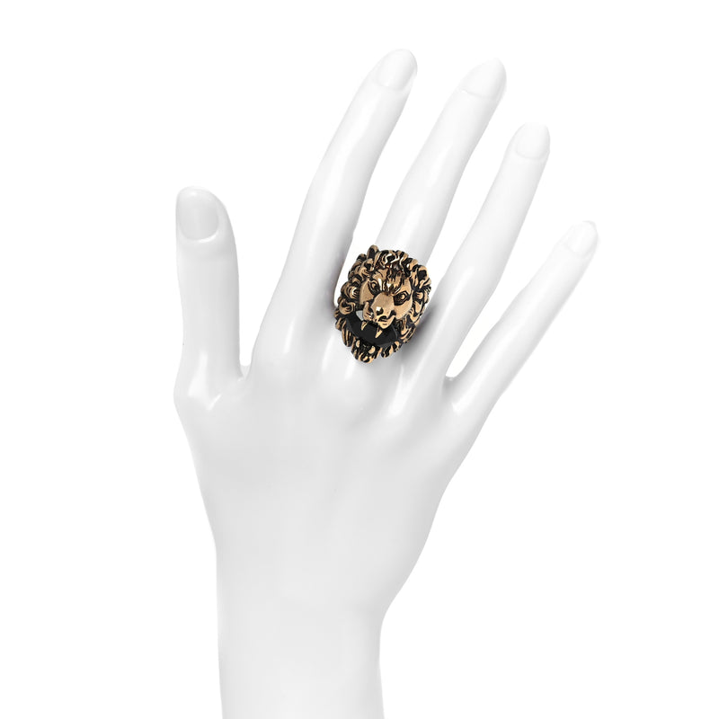  Gucci Metal Crystal Lion Head Ring 19 Black Aged Gold