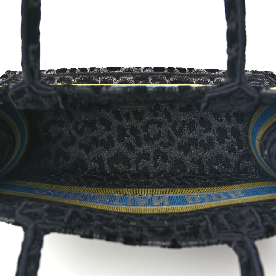 Christian Dior Velvet Mizza Embroidered Medium Leopard Book Tote Black Yellow Blue Image 4