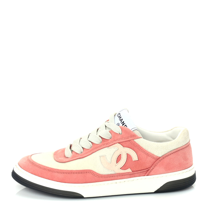  Chanel Suede Kidskin Womens CC Sneakers 39.5  White Pink
