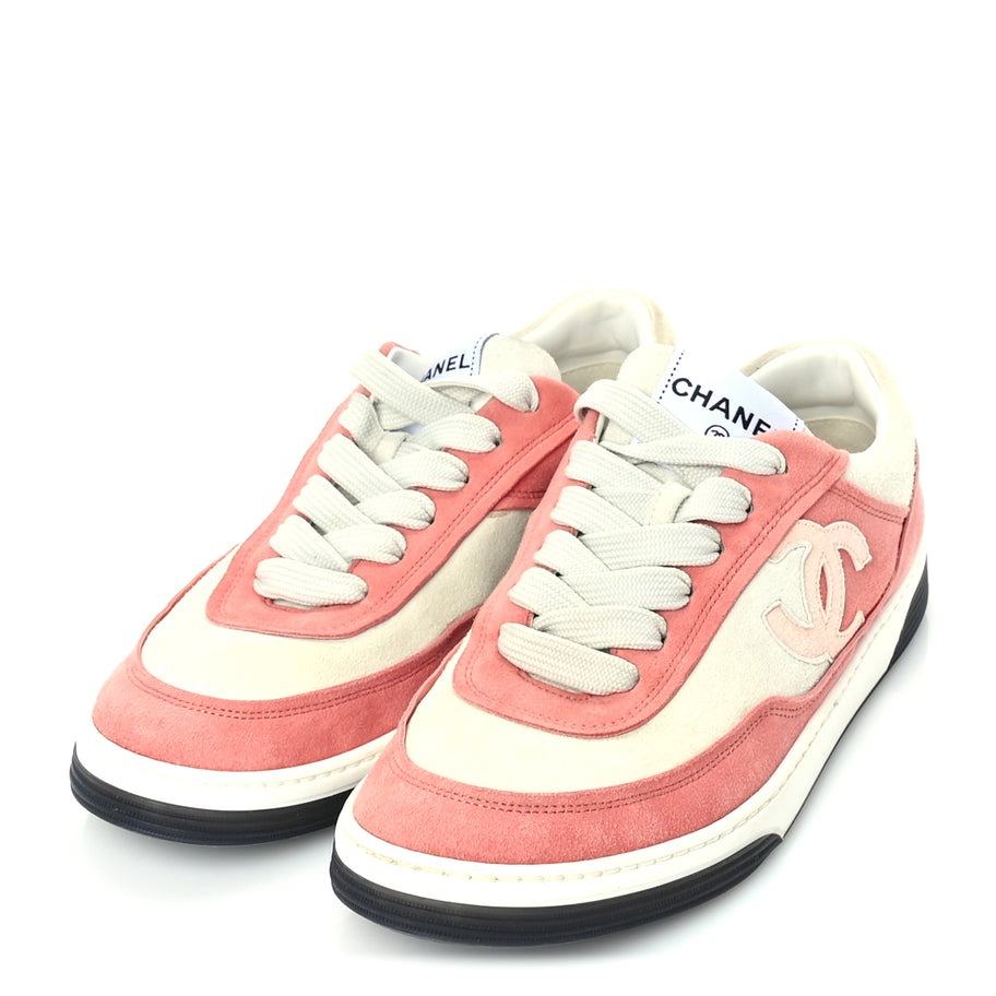 Chanel Suede Kidskin Womens CC Sneakers 39.5  White Pink Image 2