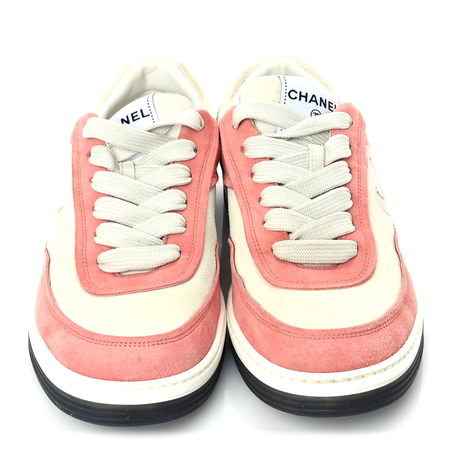 Chanel Suede Kidskin Womens CC Sneakers 39.5  White Pink Image 4